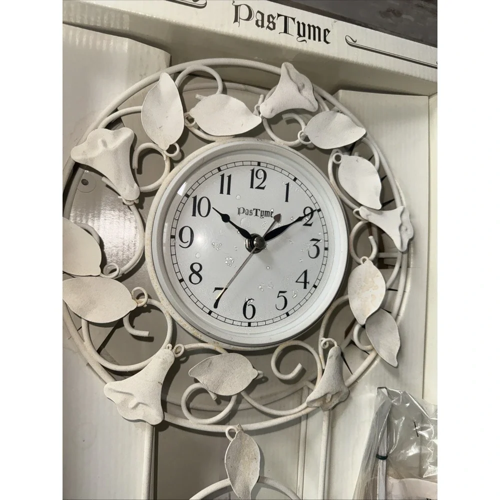 Vintage Clock hanging wall Metal Off White Pendulum Ivy Floral Cottage READ